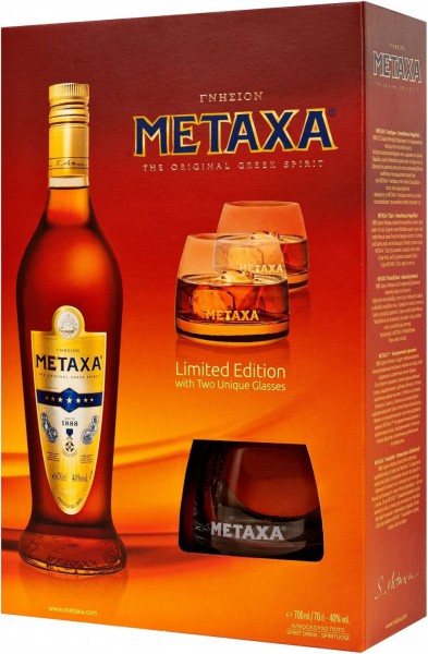 Метакса 7*, в подарочной коробке c 2 бокалами - 0,7 л