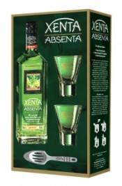 Абсент Ксента в коробке с двумя стаканами и абсентной ложкой - 0,7 л
