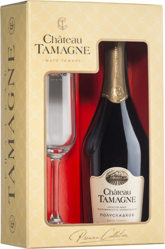 Игристое вино "Шато Тамань" Белое полусладкое, в подарочной коробке с бокалом - 750 мл